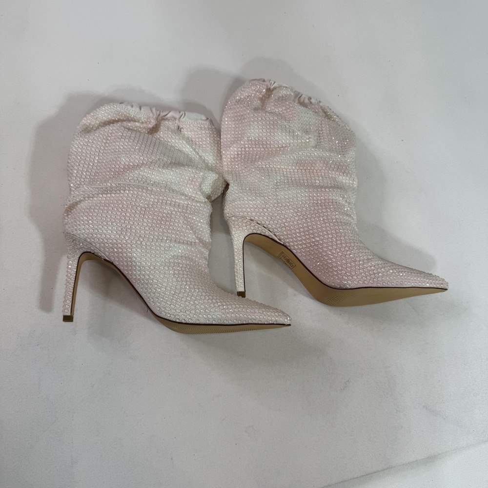 Mofirdast Boots Womens Size 6.5 Pink Rhinestone Stiletto Pointed Toe Mid Calf